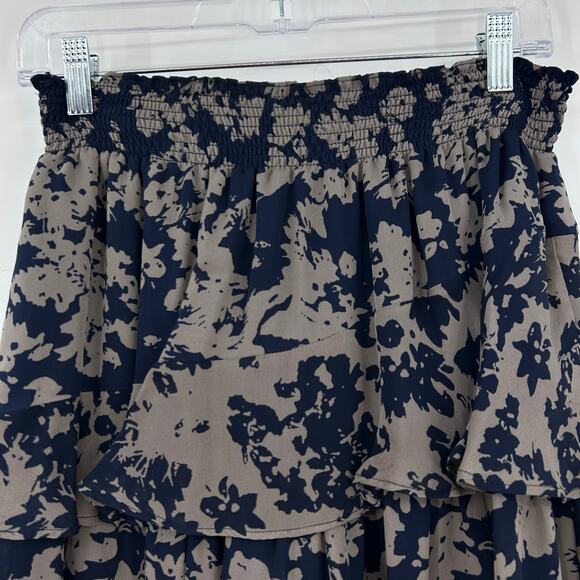 Ramy Brook Darla Navy Taupe Floral Tiered Ruffle Silk Mini Skirt Womens Size Med - Picture 10 of 11